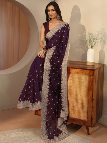 Plum Ethnic Embroidered Silk Blend Saree