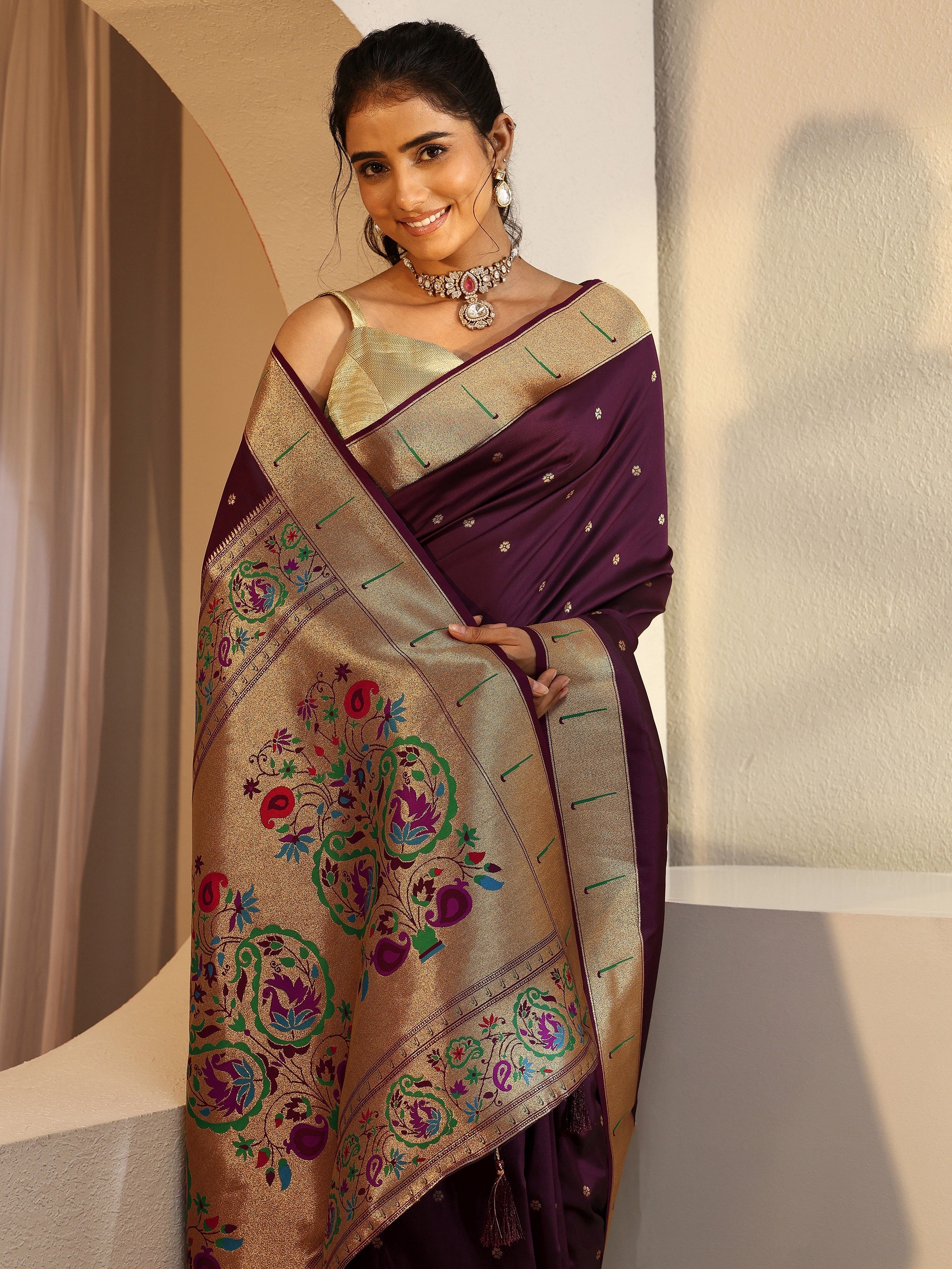 Plum Silk Blend Paithani Saree-image-9