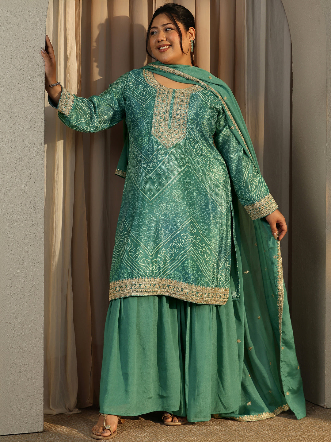  Plus Size Bandhani Printed Chinon Straight Suit Set With Dupatta 