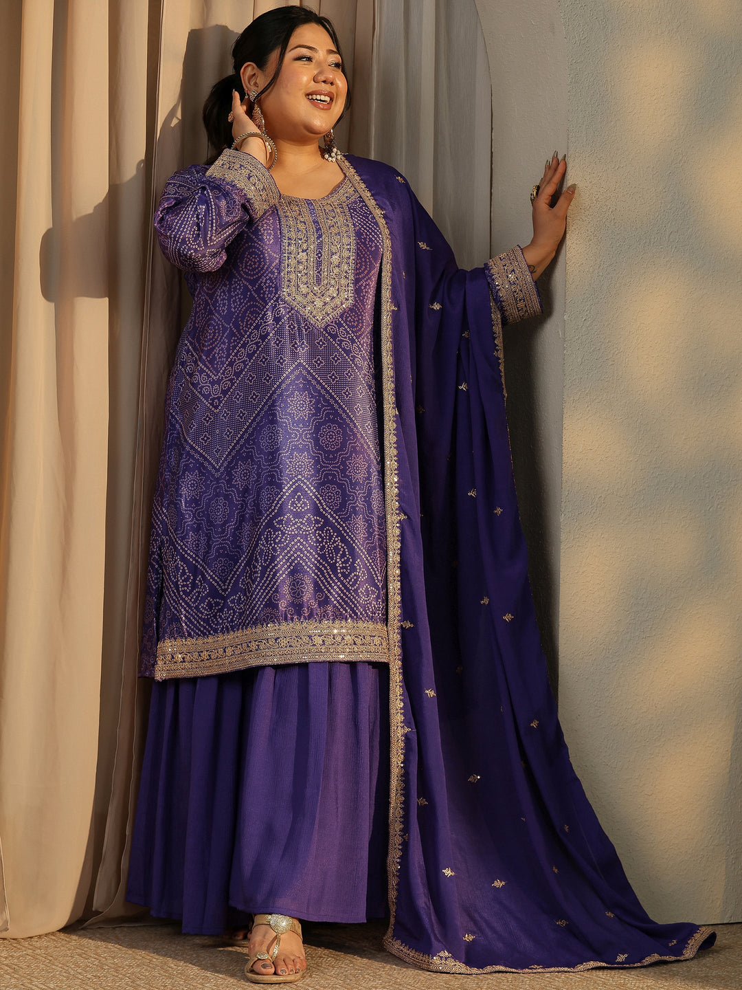 Plus Size Bandhani Printed Chinon Straight Suit Set With Dupatta