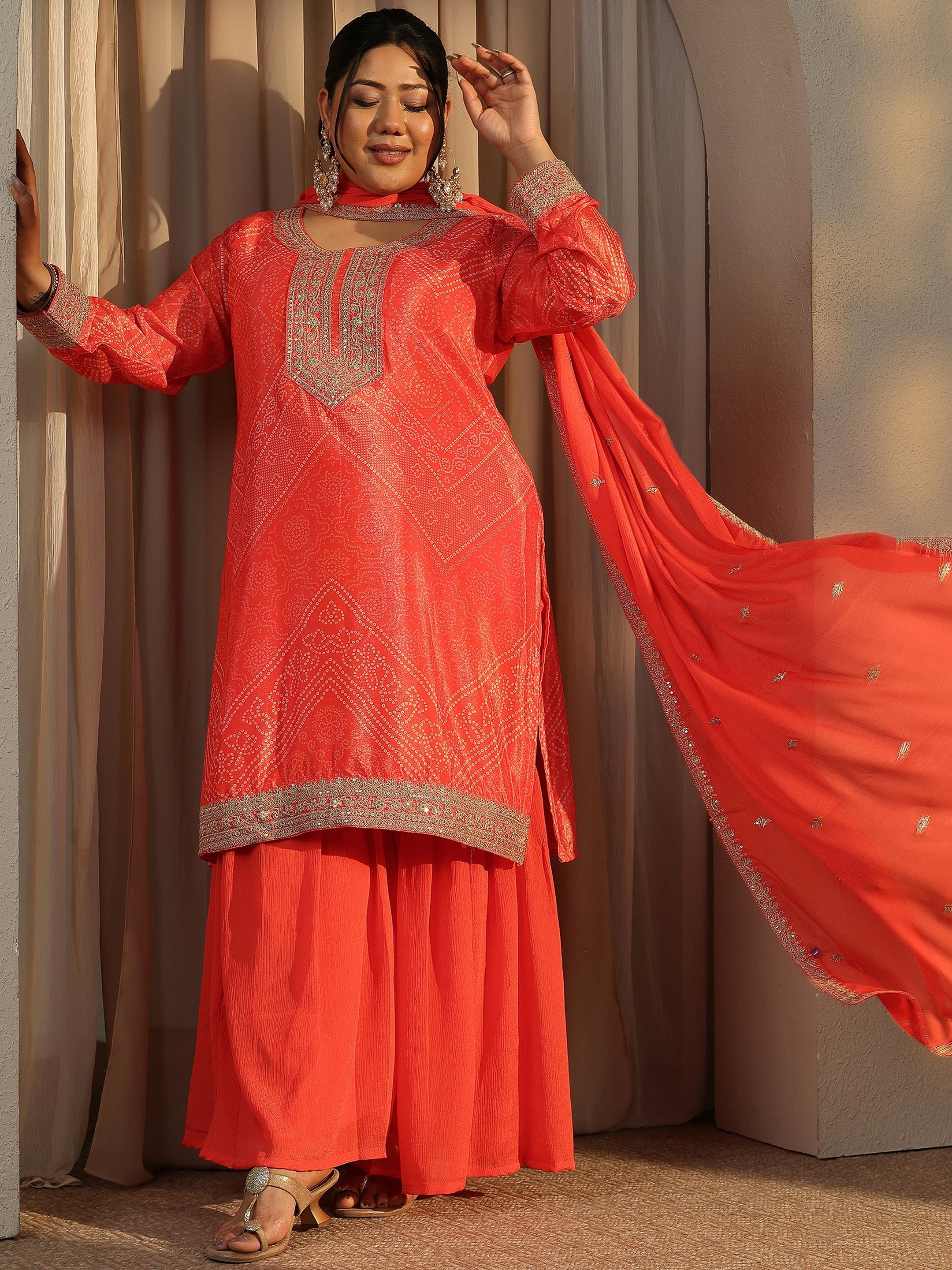 Plus Size Bandhani Printed Chinon Straight Suit Set With Dupatta-image-24