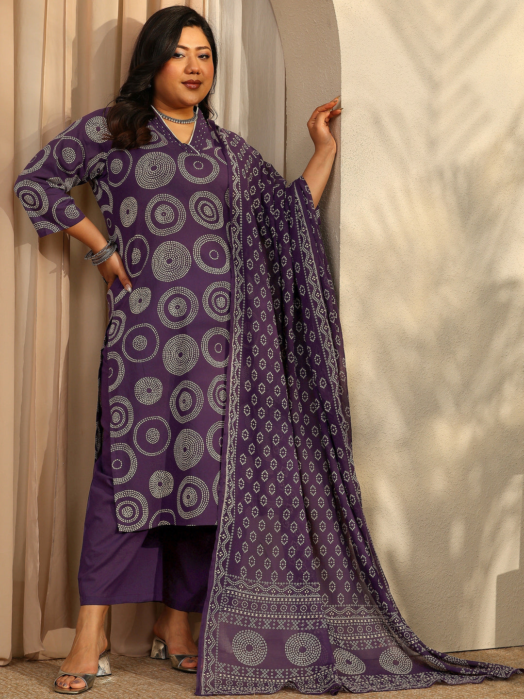 Plus Size Bandhani Printed Cotton Straight Suit Set With Dupatta