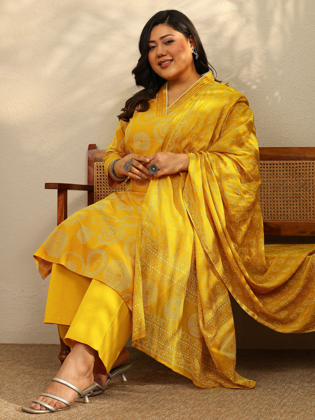 Plus Size Bandhani Printed Cotton Straight Suit Set With Dupatta