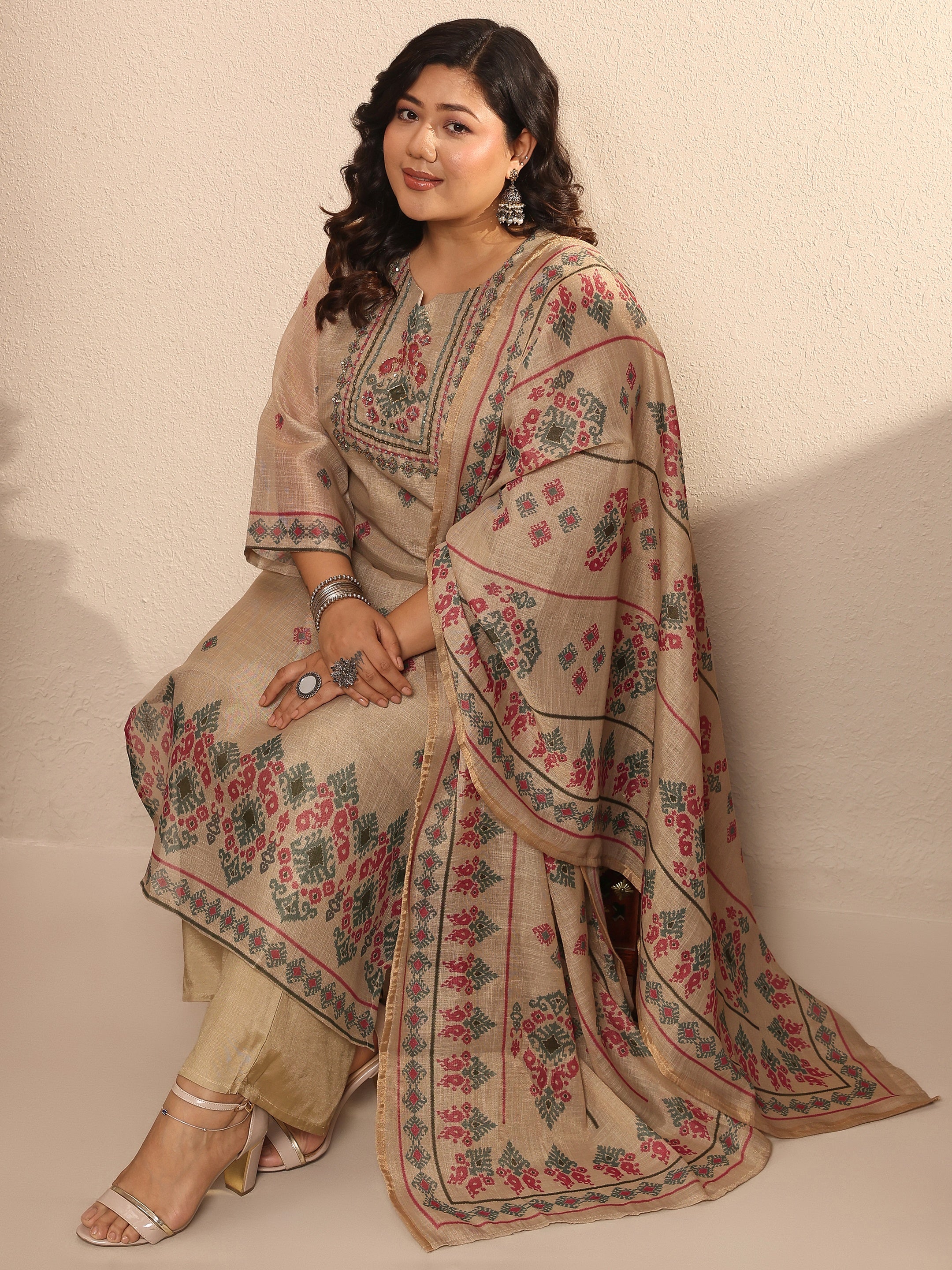 libas Plus Size Beige Embroidered Silk blend Suit Set With Dupatta-picture-14