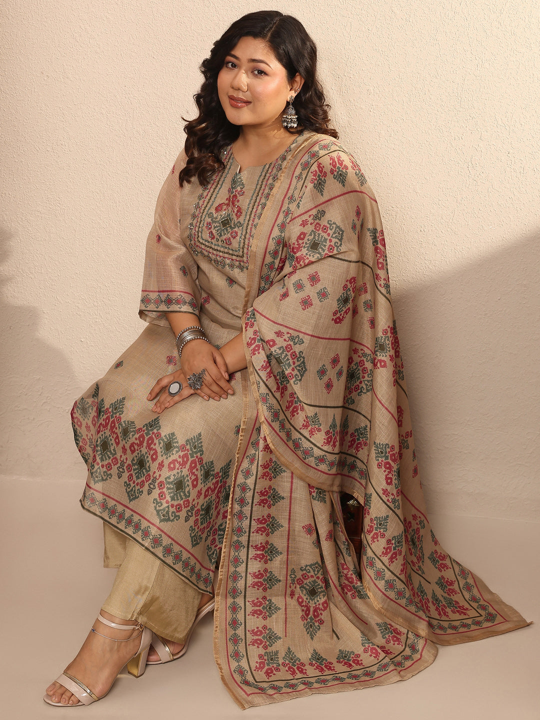  Plus Size Beige Embroidered Silk blend Suit Set With Dupatta 