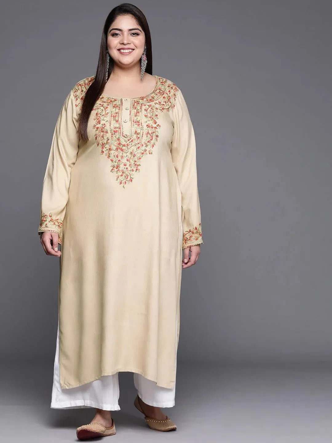 Plus Size Beige Embroidered Wool Kurta - Libas