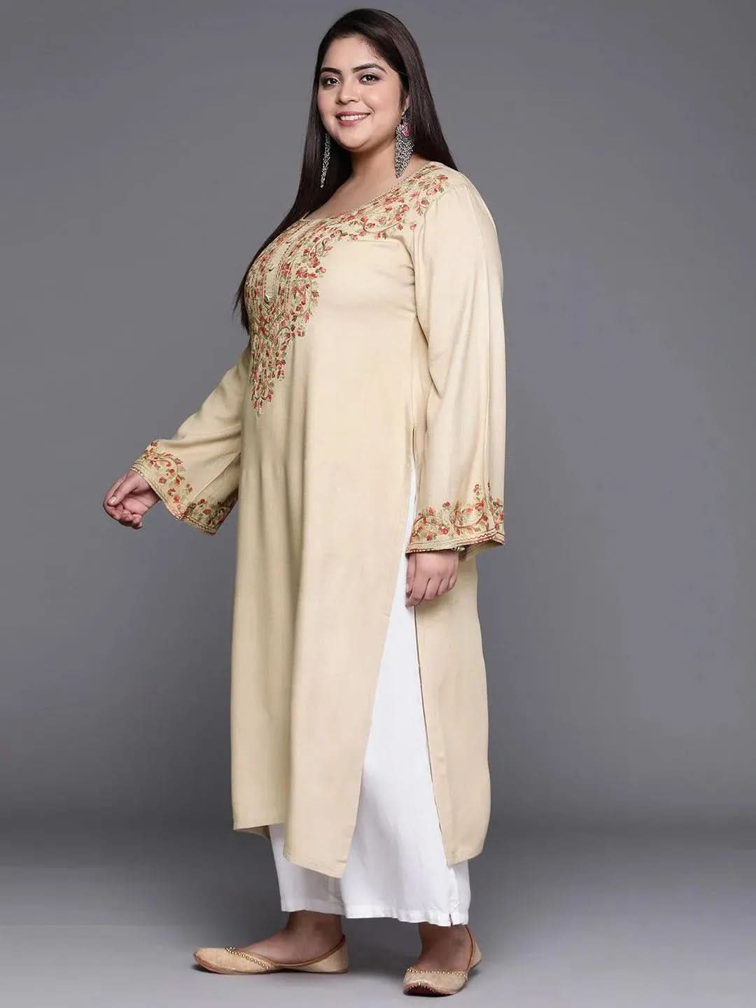 

Buy Plus Size Beige Embroidered Wool Kurta - 11128- | Libas Ethnic Wear Online
