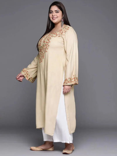 Plus Size Beige Embroidered Wool Kurta - Libas