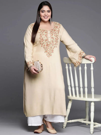 Plus Size Beige Embroidered Wool Kurta - Libas