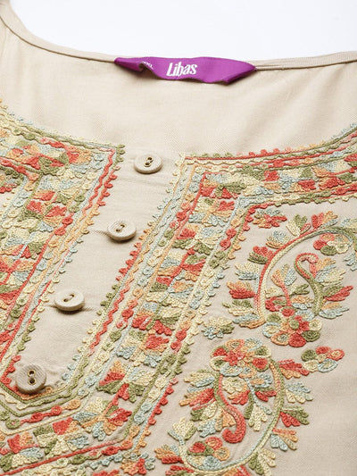Plus Size Beige Embroidered Wool Kurta - Libas