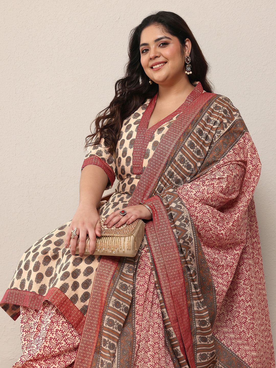 Plus Size Beige Printed Cotton Blend Straight Suit Set With Dupatta