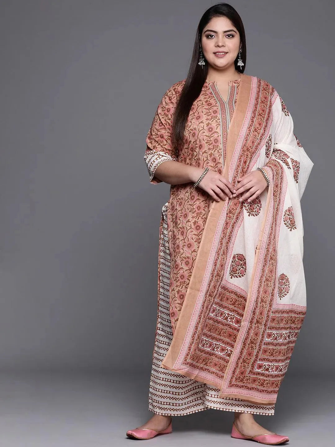 Plus Size Beige Printed Cotton Suit Set - Libas