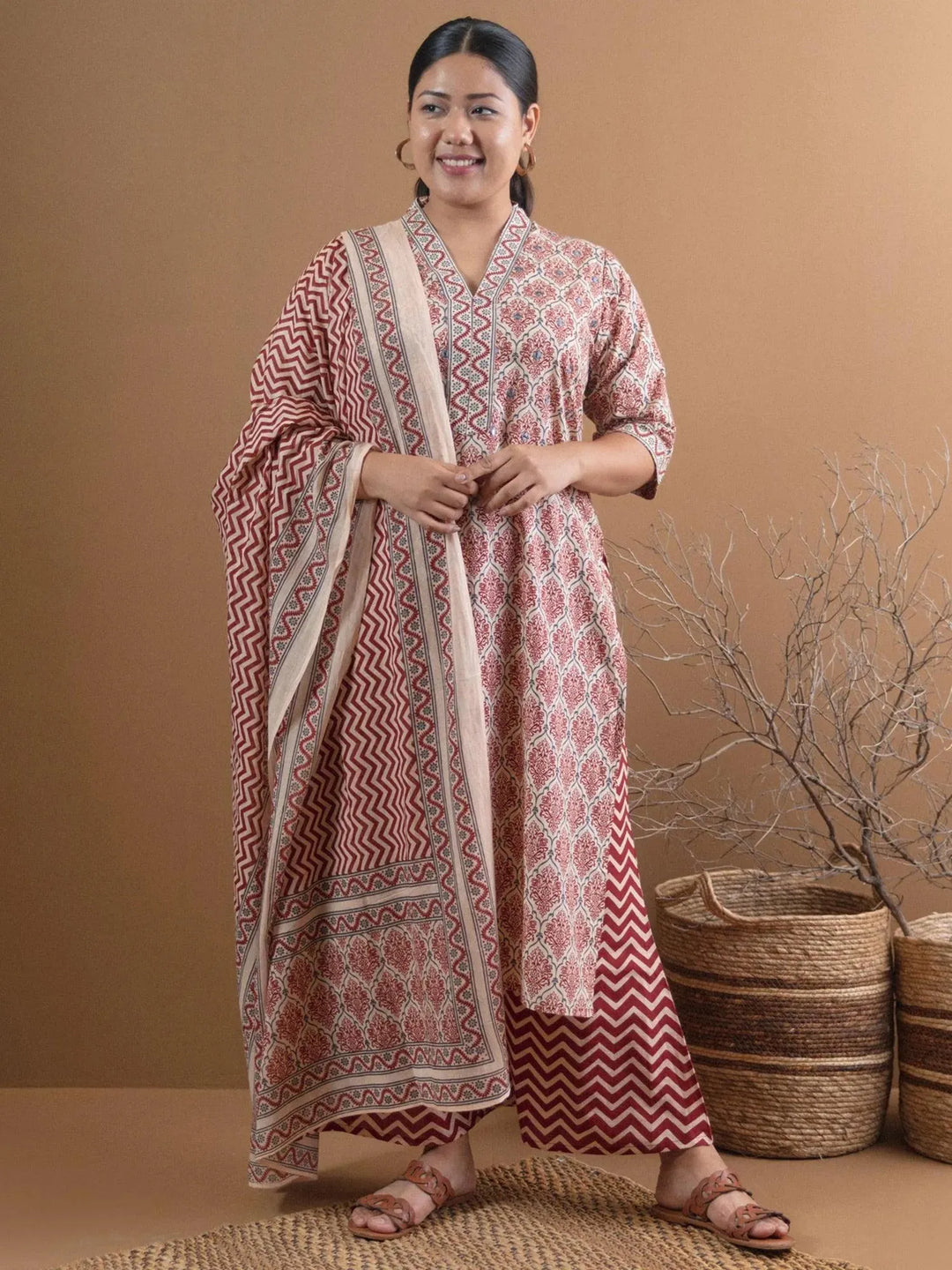 Plus Size Beige Printed Cotton Suit Set - Libas