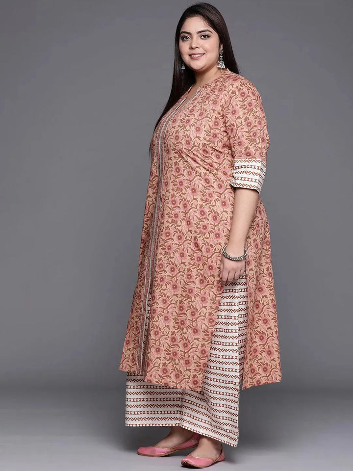 Plus Size Beige Printed Cotton Suit Set - Libas