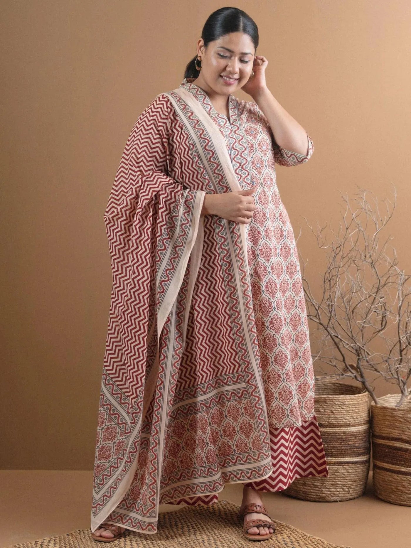 Plus Size Beige Printed Cotton Suit Set - Libas