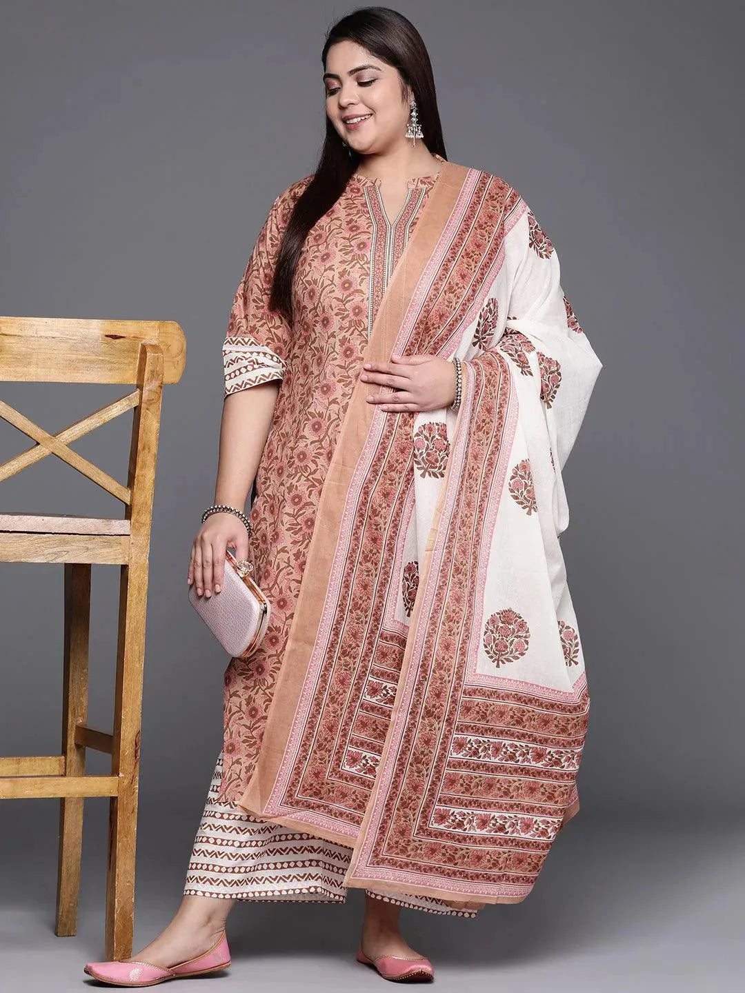 Plus Size Beige Printed Cotton Suit Set - Libas