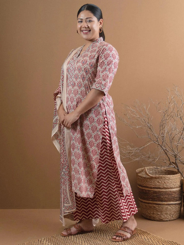 Plus Size Beige Printed Cotton Suit Set - Libas