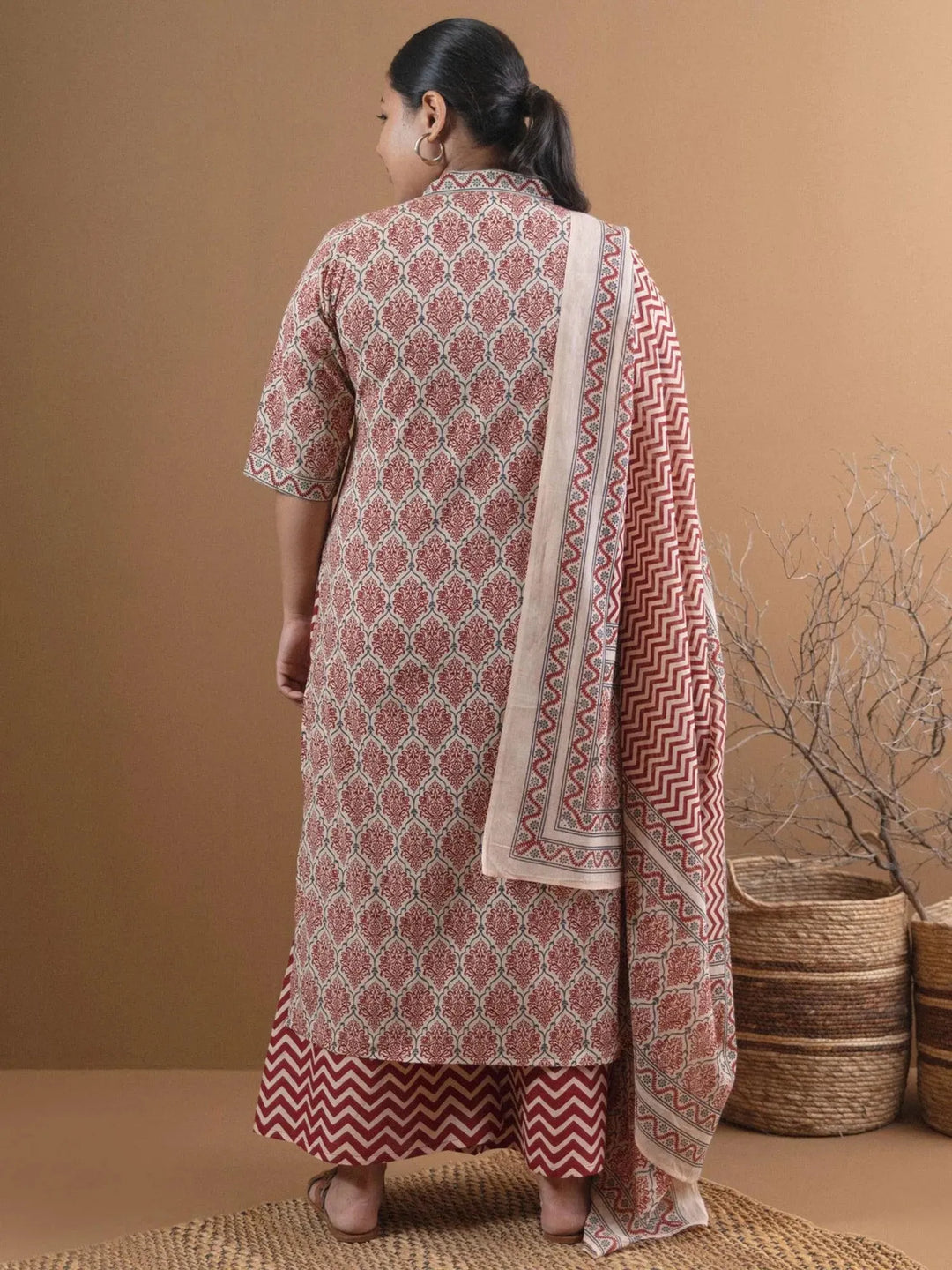 Plus Size Beige Printed Cotton Suit Set - Libas