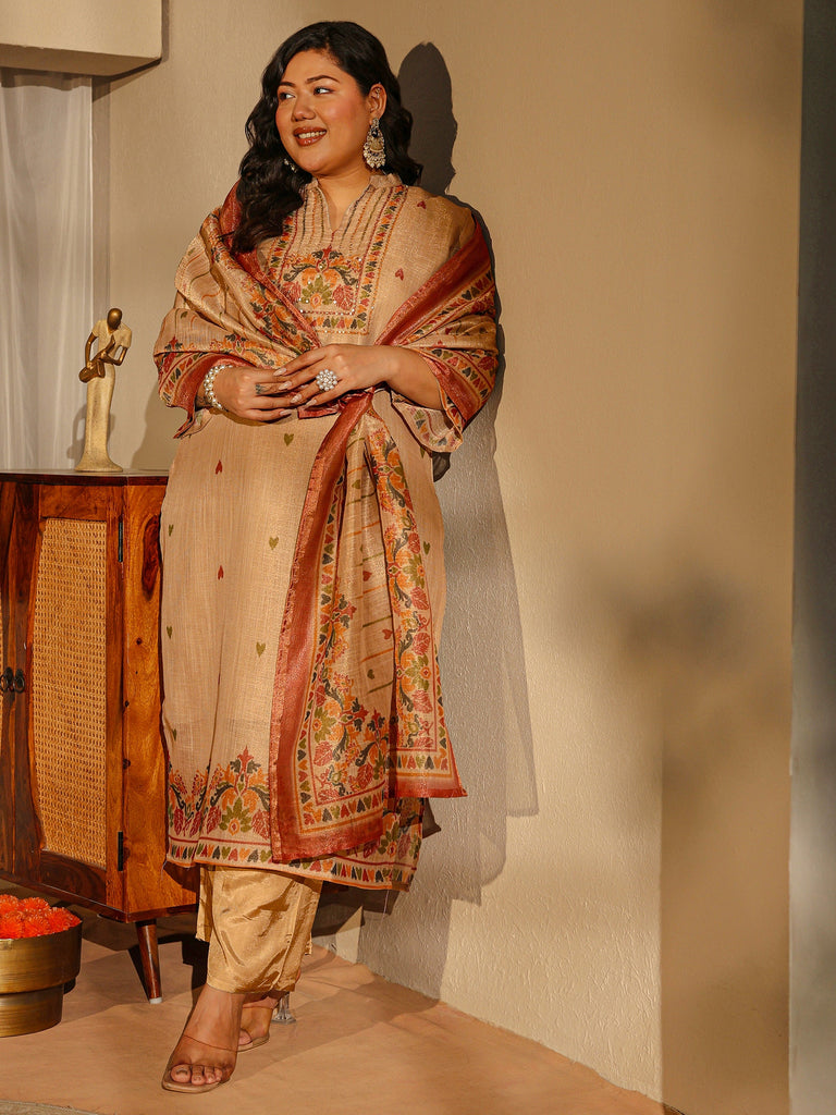 Plus Size Beige Printed Silk Blend Straight Suit Set