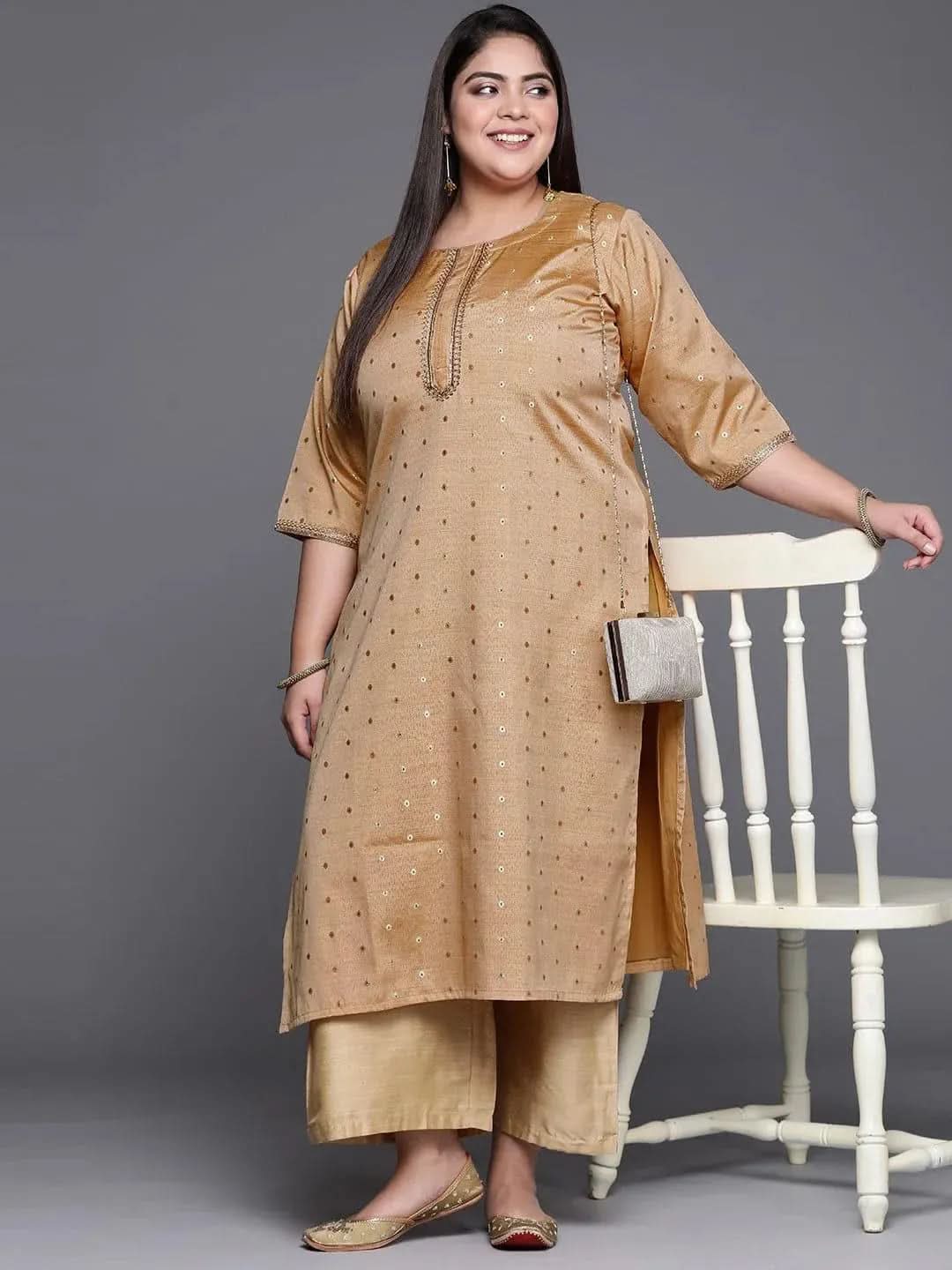 Plus Size Beige Self Design Chanderi Silk Straight Kurta - Libas 
