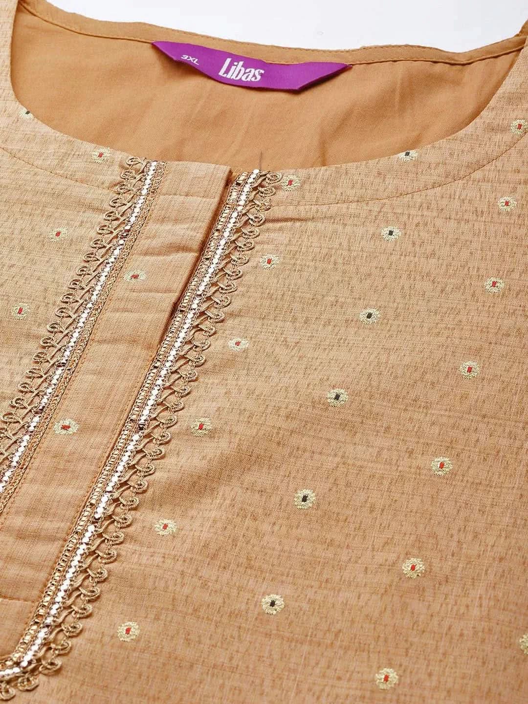 Plus Size Beige Self Design Chanderi Silk Straight Kurta - Libas 