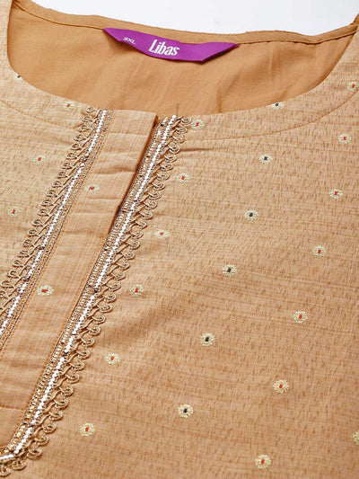 Plus Size Beige Self Design Chanderi Silk Straight Kurta - Libas
