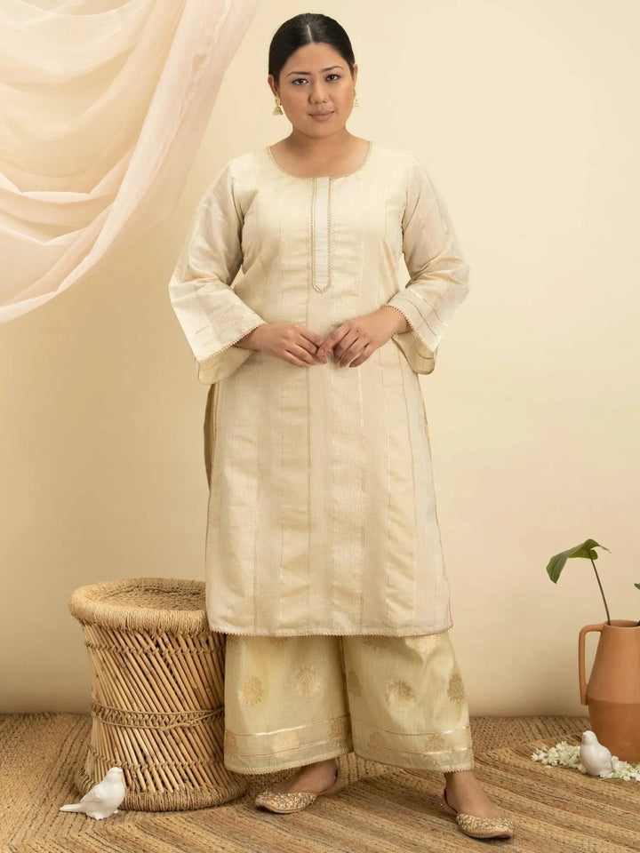 Plus Size Beige Self-Design Silk Kurta Set - Libas