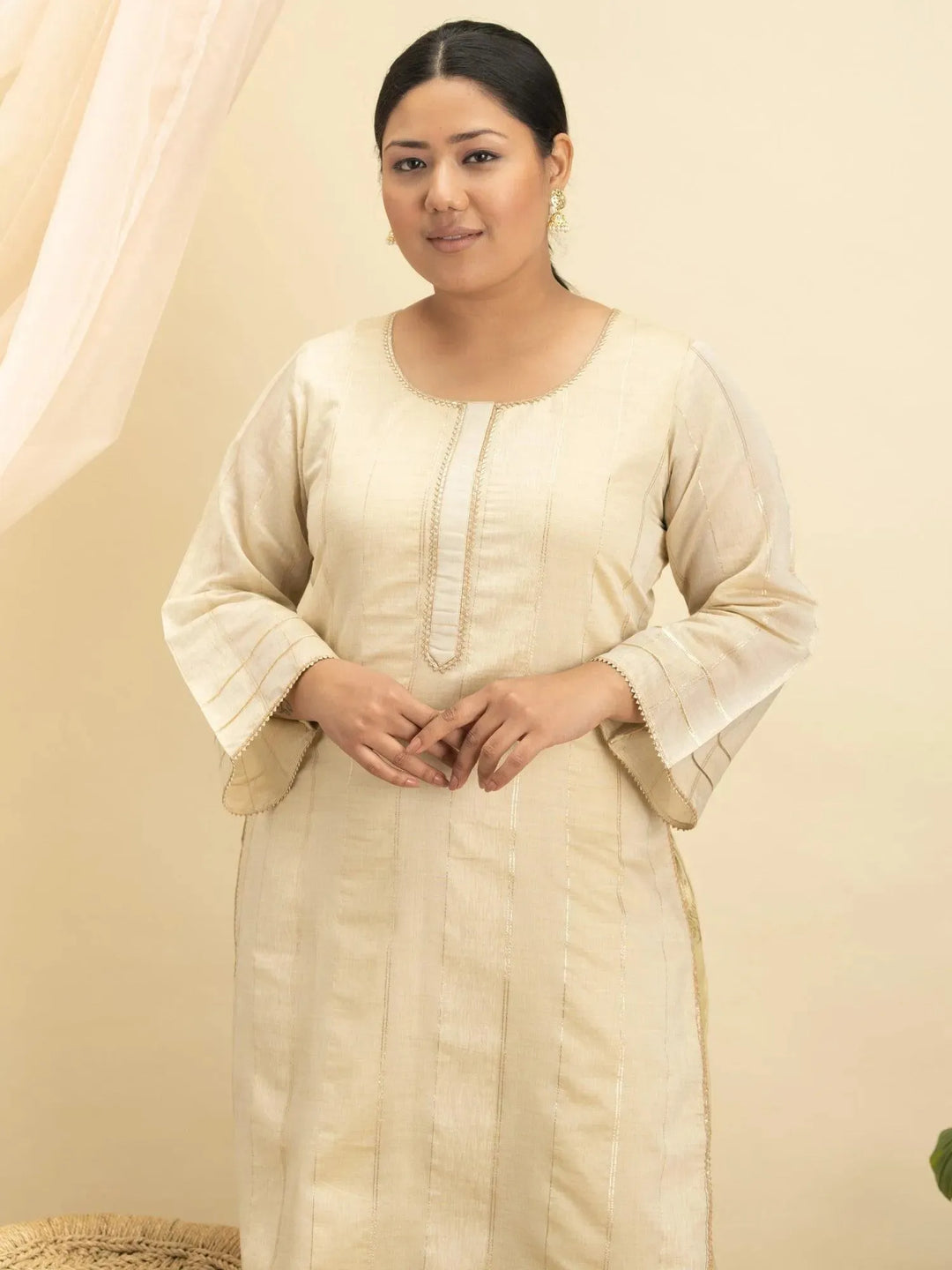 Plus Size Beige Self-Design Silk Kurta Set - Libas 