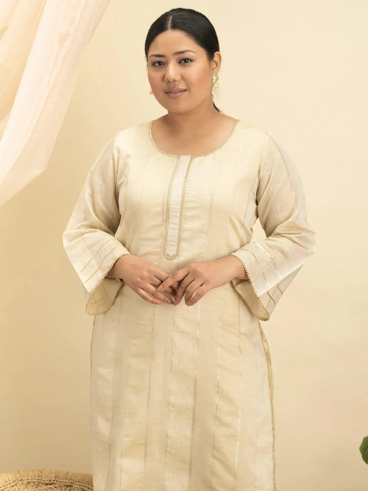 Plus Size Beige Self-Design Silk Kurta Set - Libas