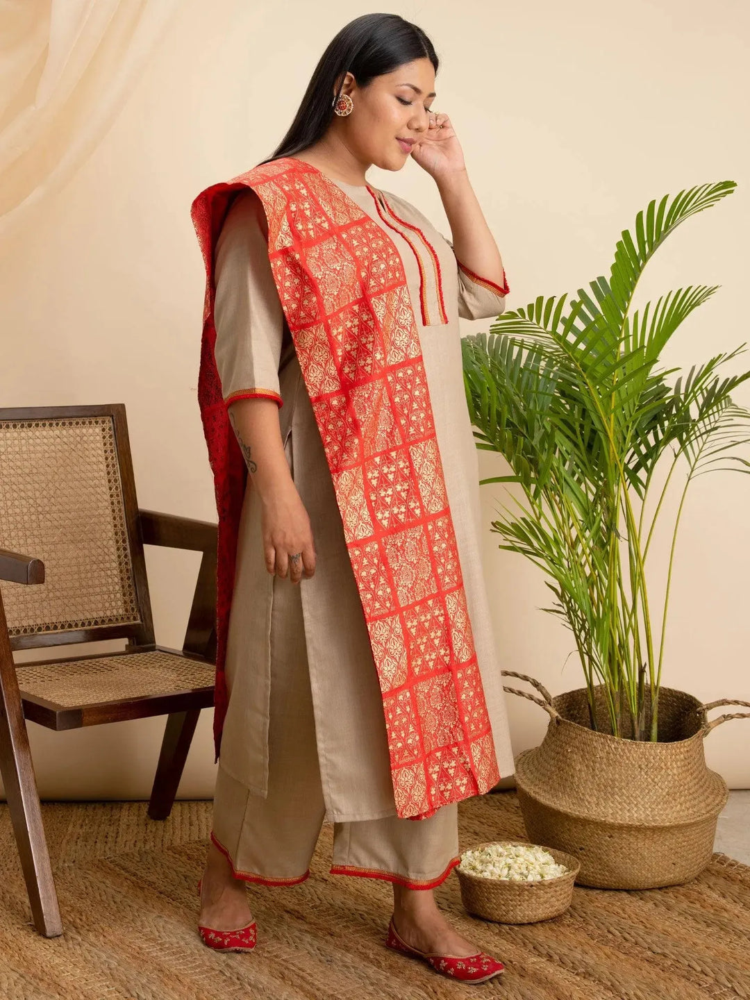 Plus Size Beige Solid Cotton Suit Set - Libas