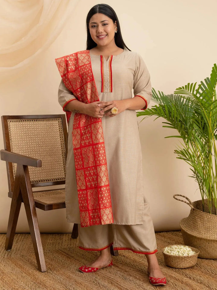 Plus Size Beige Solid Cotton Suit Set - Libas