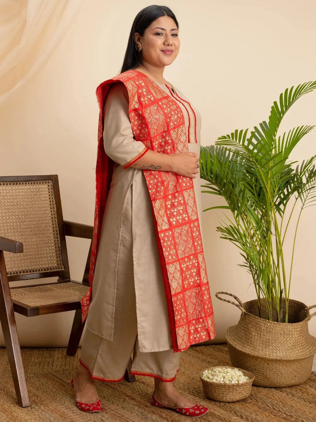Plus Size Beige Solid Cotton Suit Set - Libas 