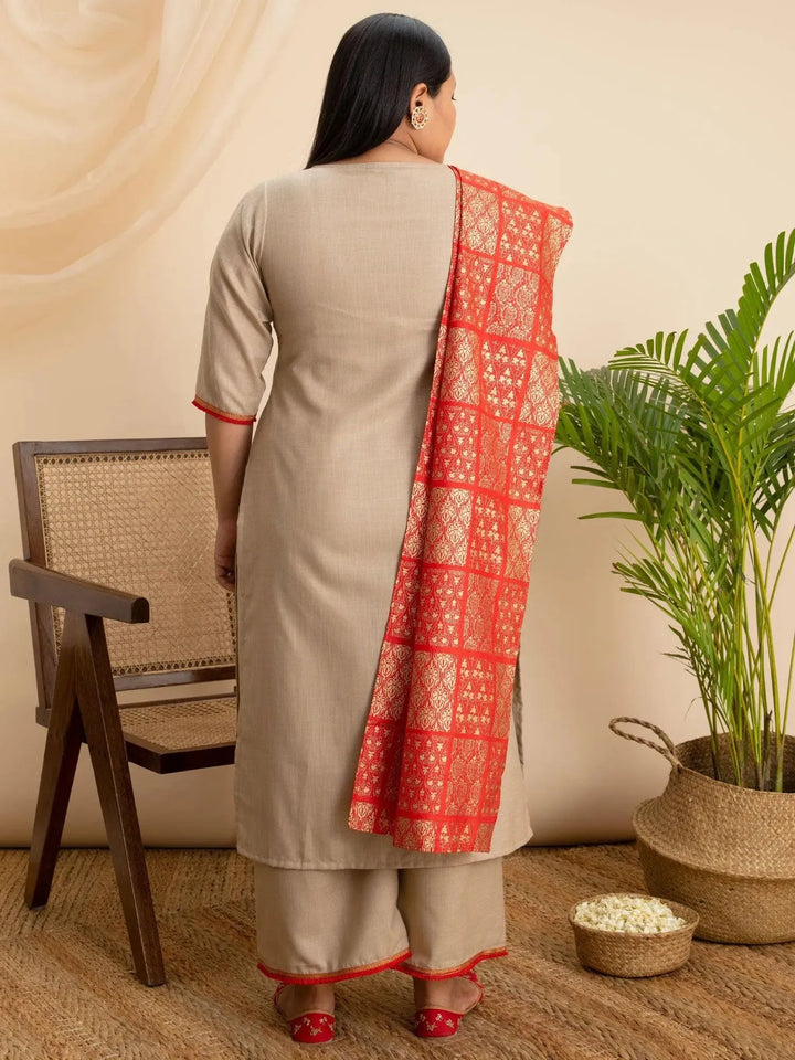 Plus Size Beige Solid Cotton Suit Set - Libas