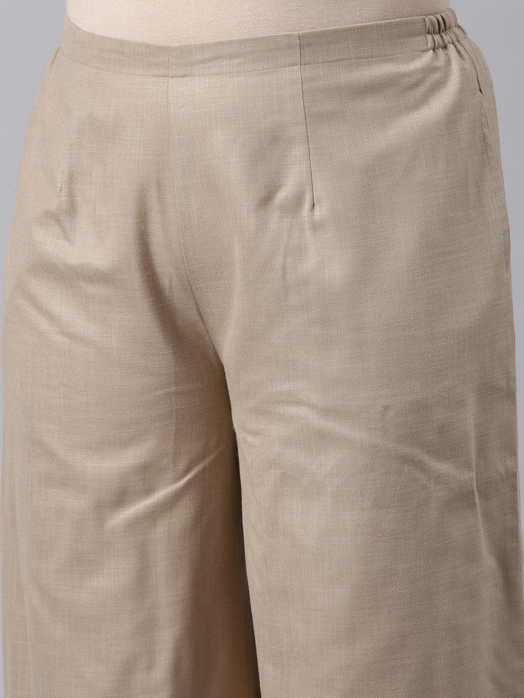 Plus Size Beige Solid Cotton Suit Set - Libas
