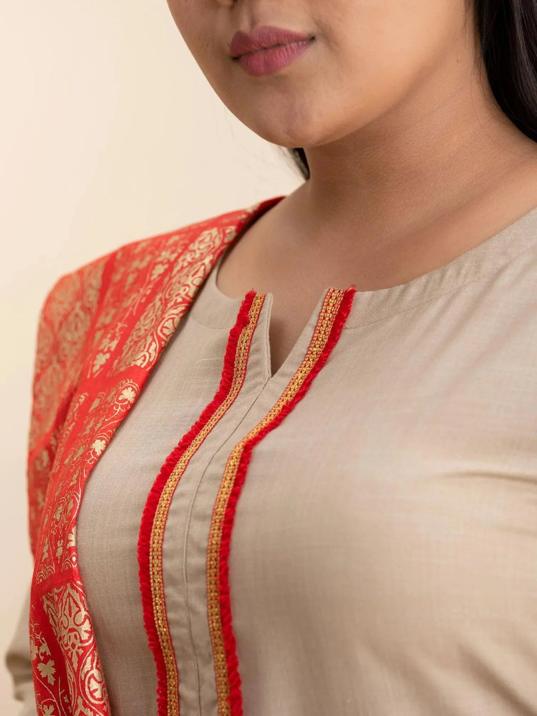 Plus Size Beige Solid Cotton Suit Set - Libas 