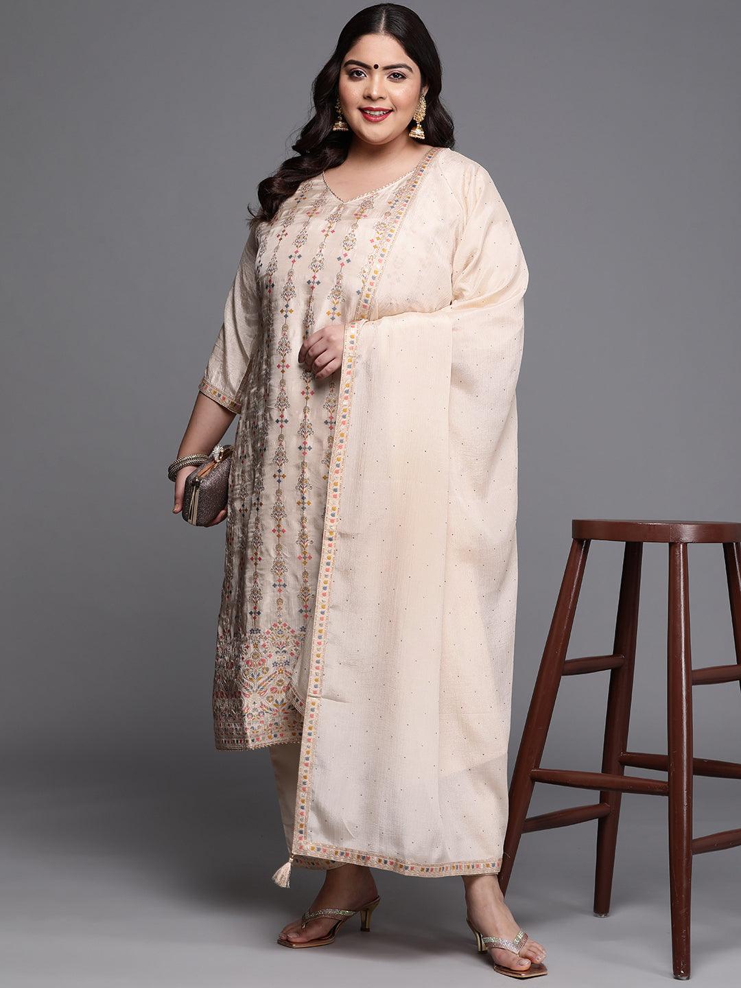 Plus Size Beige Woven Design Silk Blend Straight Kurta With Dupatta