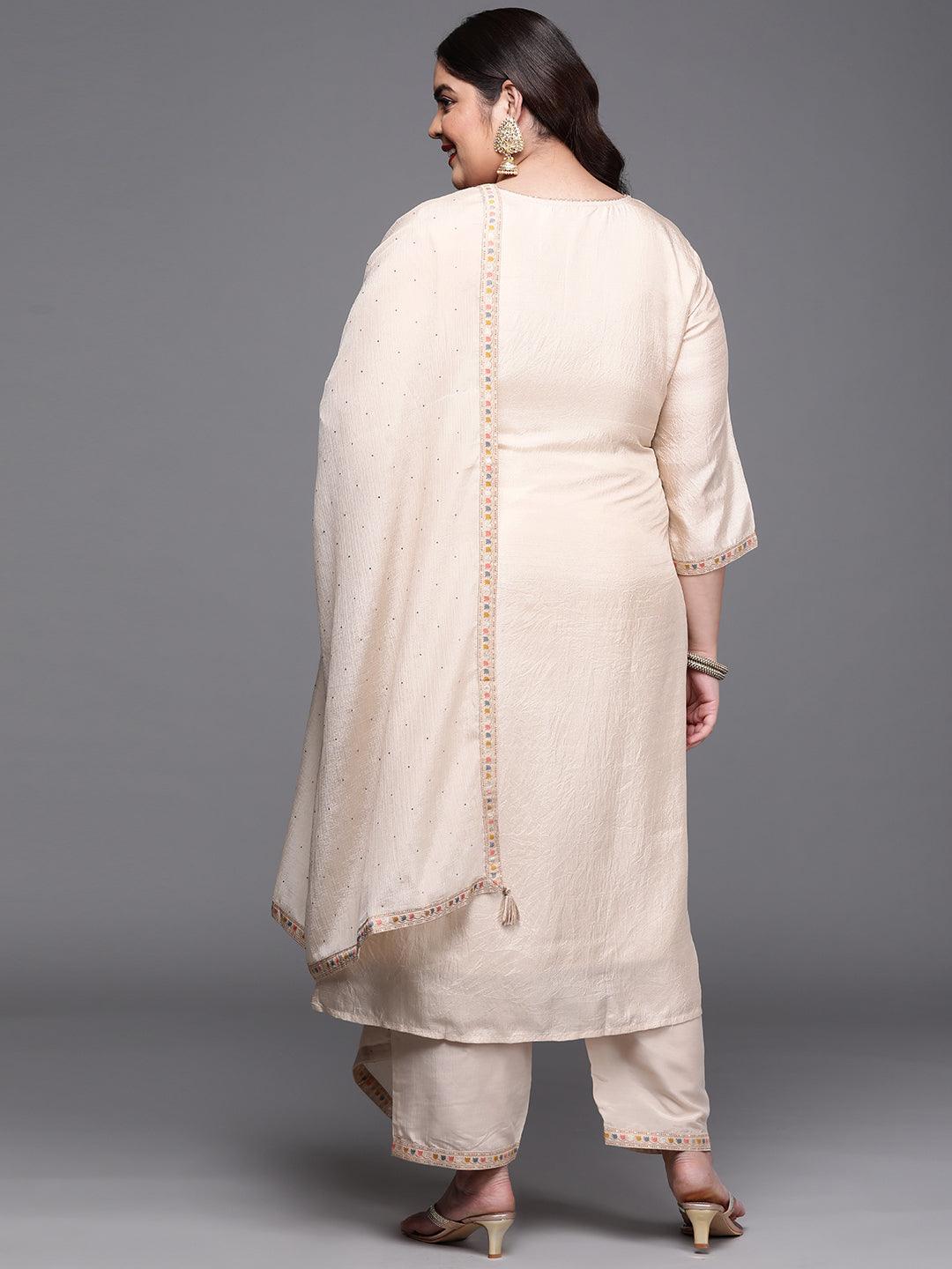 Plus Size Beige Woven Design Silk Blend Straight Kurta With Dupatta