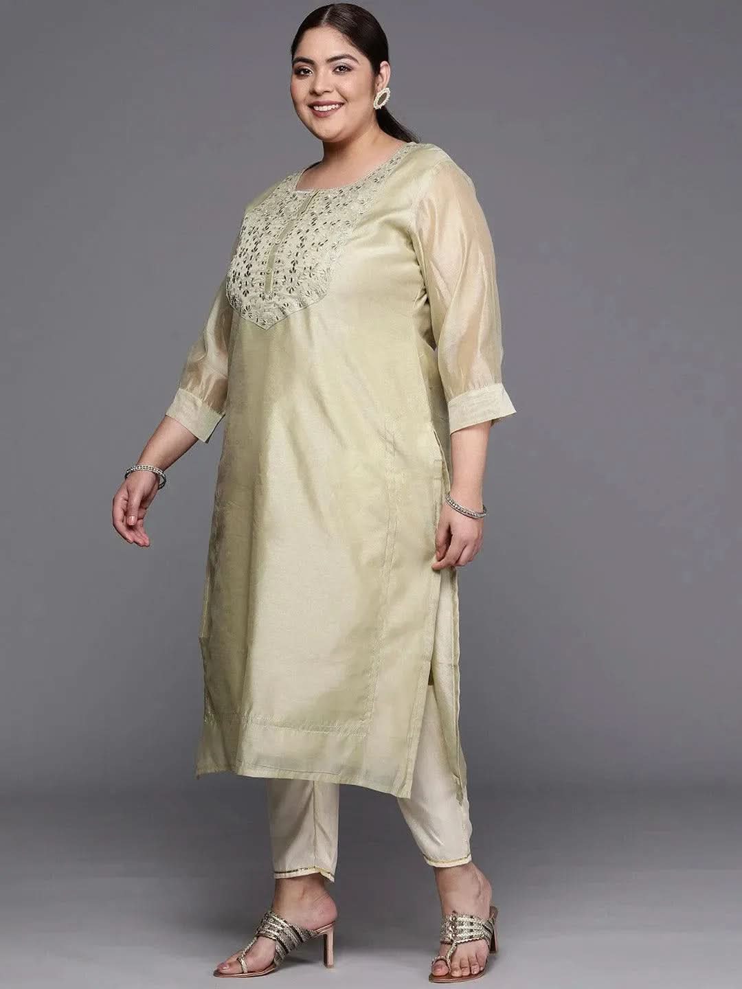 Plus Size Beige Yoke Design Chanderi Cotton Straight Kurta - Libas 