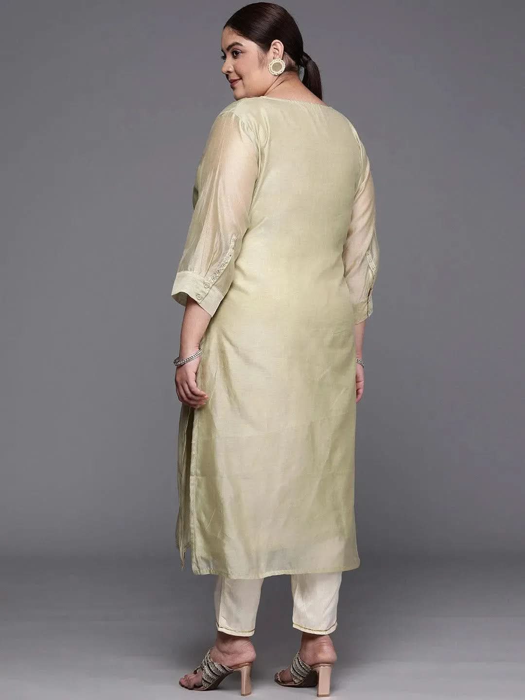 Plus Size Beige Yoke Design Chanderi Cotton Straight Kurta - Libas 