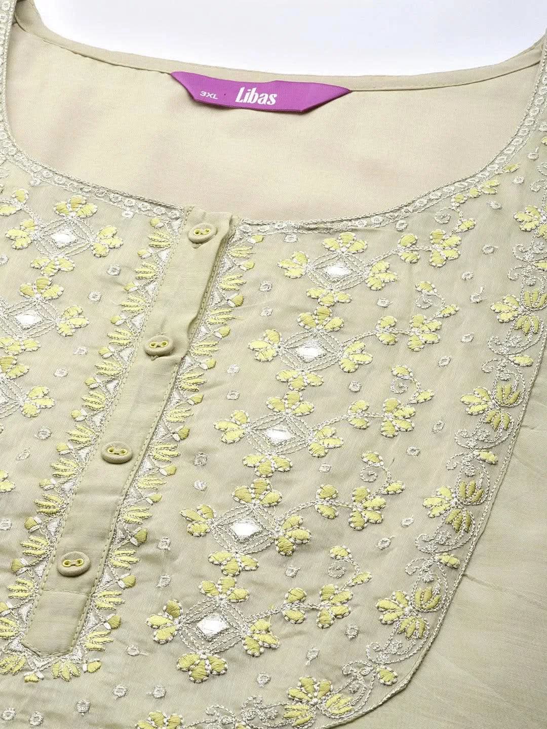 Plus Size Beige Yoke Design Chanderi Cotton Straight Kurta - Libas 