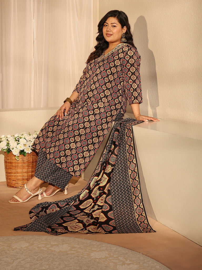 Plus Size Black Ajrakh Print Cotton Blend Straight Suit Set