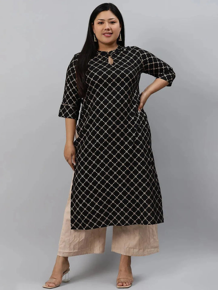 Plus Size Black Checkered Rayon Kurta - Libas