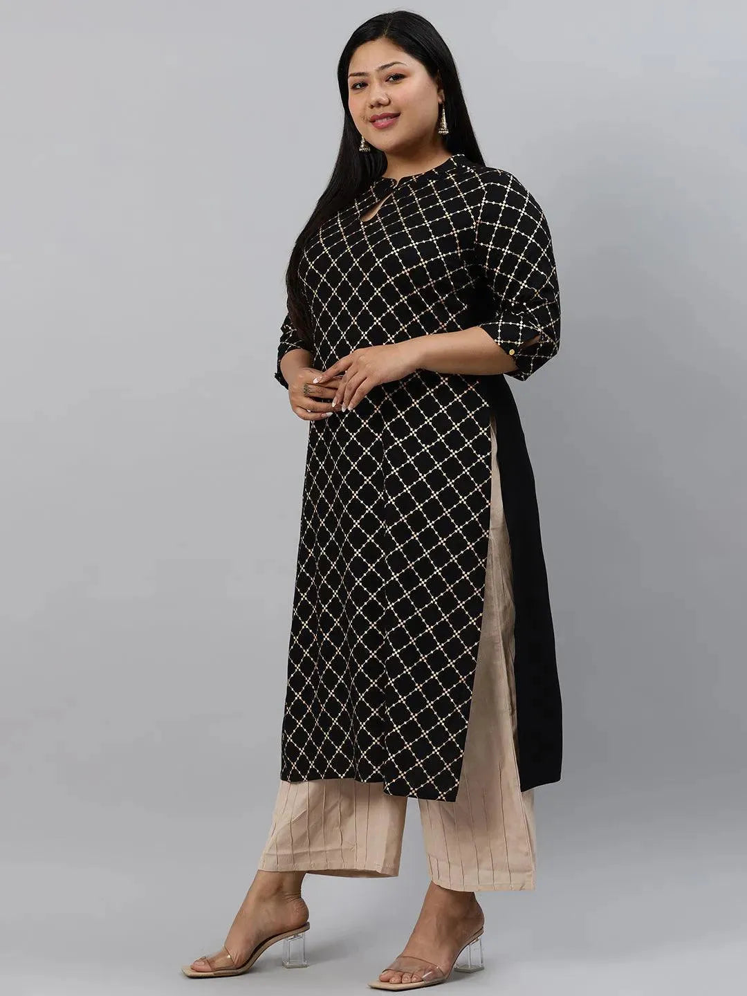 Plus Size Black Checkered Rayon Kurta - Libas