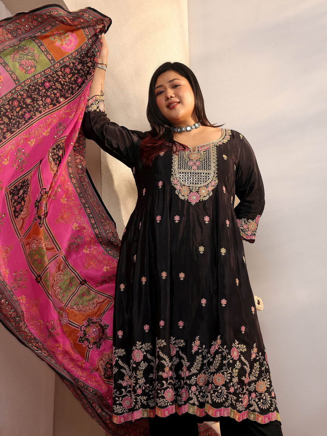 Plus Size Black Embroidered Crepe Anarkali Suit Set With Dupatta