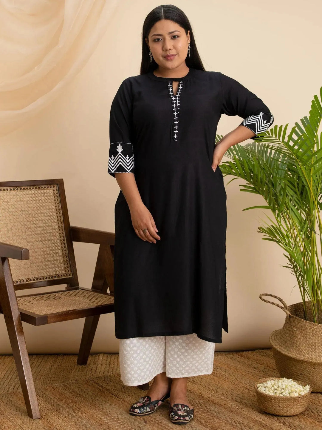 Plus Size Black Embroidered Rayon Kurta - Libas