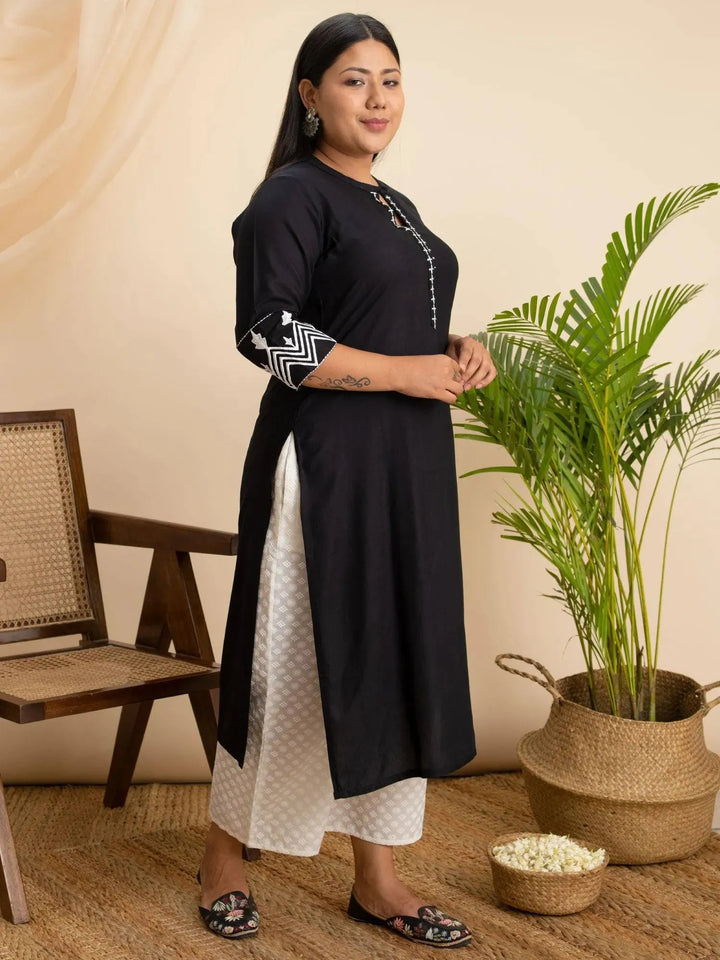 Plus Size Black Embroidered Rayon Kurta - Libas