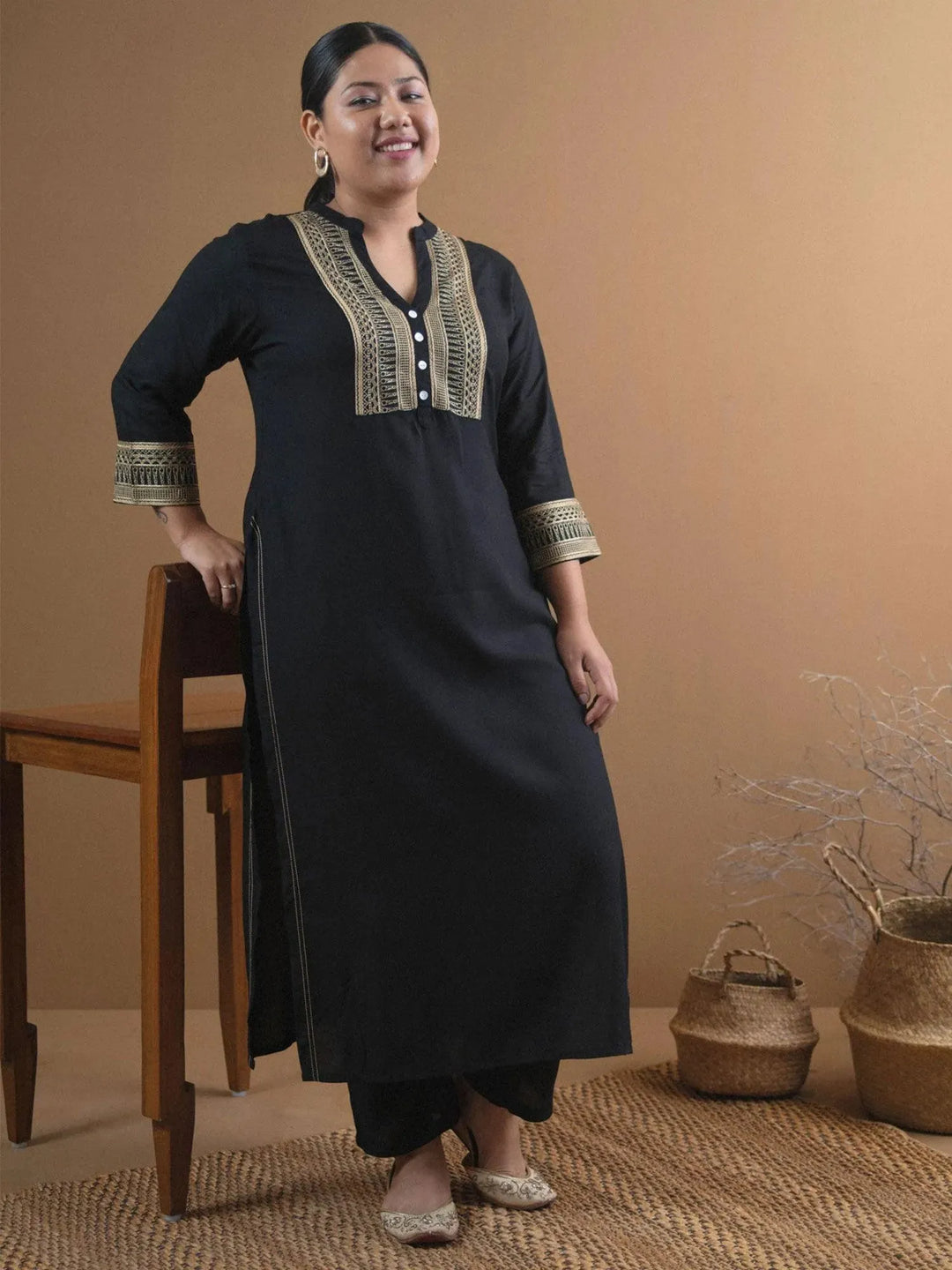 Plus Size Black Embroidered Rayon Kurta - Libas