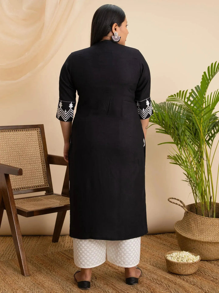 Plus Size Black Embroidered Rayon Kurta - Libas