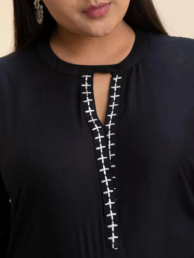 Plus Size Black Embroidered Rayon Kurta - Libas