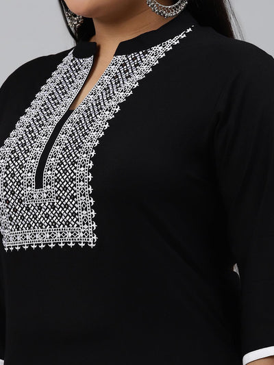 Plus Size Black Embroidered Rayon Kurta - Libas